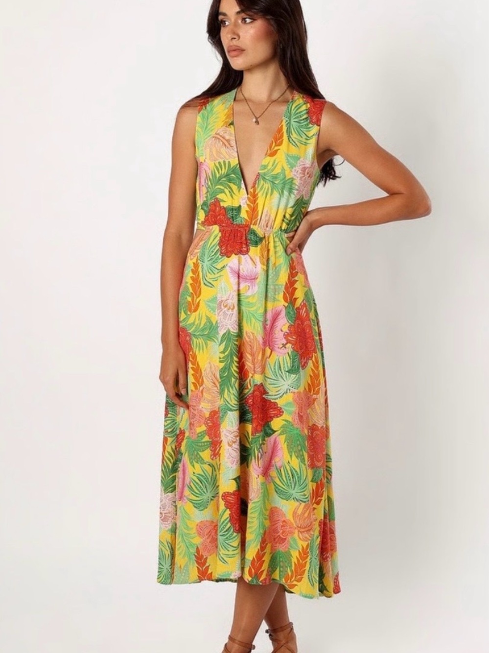 Petal & Pup Yellow Tropical Floral Dress with Open Back NWT